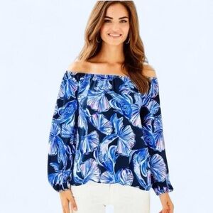 Lilly Pulitzer Lou Lou Off-the-shoulder Top in Reel Life Navy Size Medium